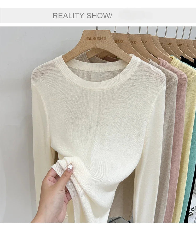 Spring  Basic O-Neck Slim T-Shirt Women Solid Multi Color All-Match Trend Casual Top Screw Knit Long Sleeve Elastic Office Lady.