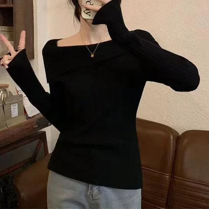 Solide Sexy Schlank Off Schulter Slash Neck Langarm Stricken Pullover Frauen Jumper Büro Mode Neue