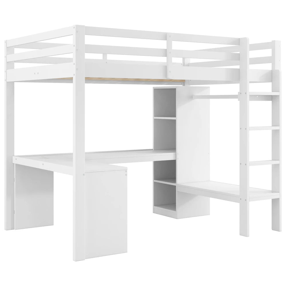 Modernes Kinder-Hochbett 140 x 200 mit Multifunktionsregalen, Unterbett-Schreibtisch, LED-Licht und USB, Kleiderschrank mit Stauraum, für Schlafzimmer