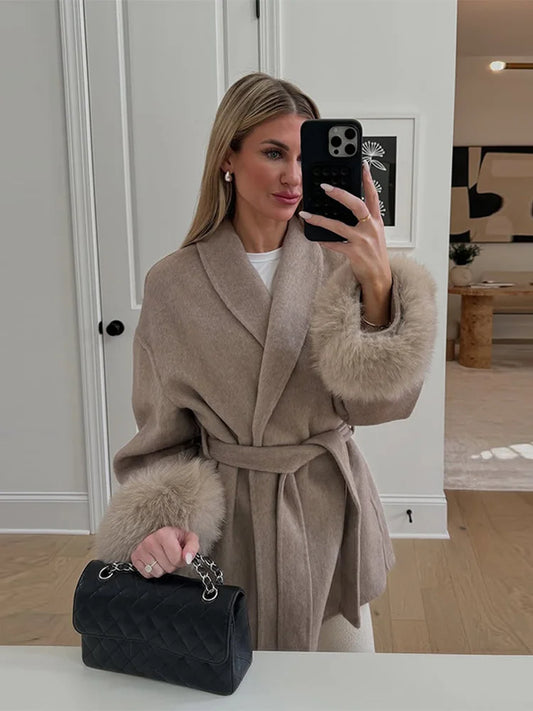 2025 Chic Revers Plüsch Mantel Mit Gürtel Frauen Vintage Feste Faux Pelz Hülse Tweed Offene Mäntel Weibliche Herbst Casual Straße outwear