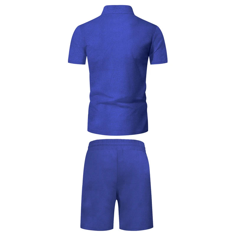 Men's Comfortable Short-Sleeved Waffle Polo Shirt And Shorts Set - Breathable Lightweight Spring/Summer Clothing.
