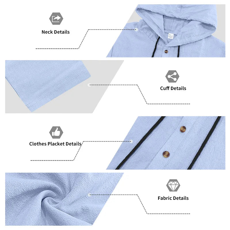 Cross-border Autumn Linen Men's Casual Suit Loose Hooded Henley Shirt Long Sleeve Pants Suit