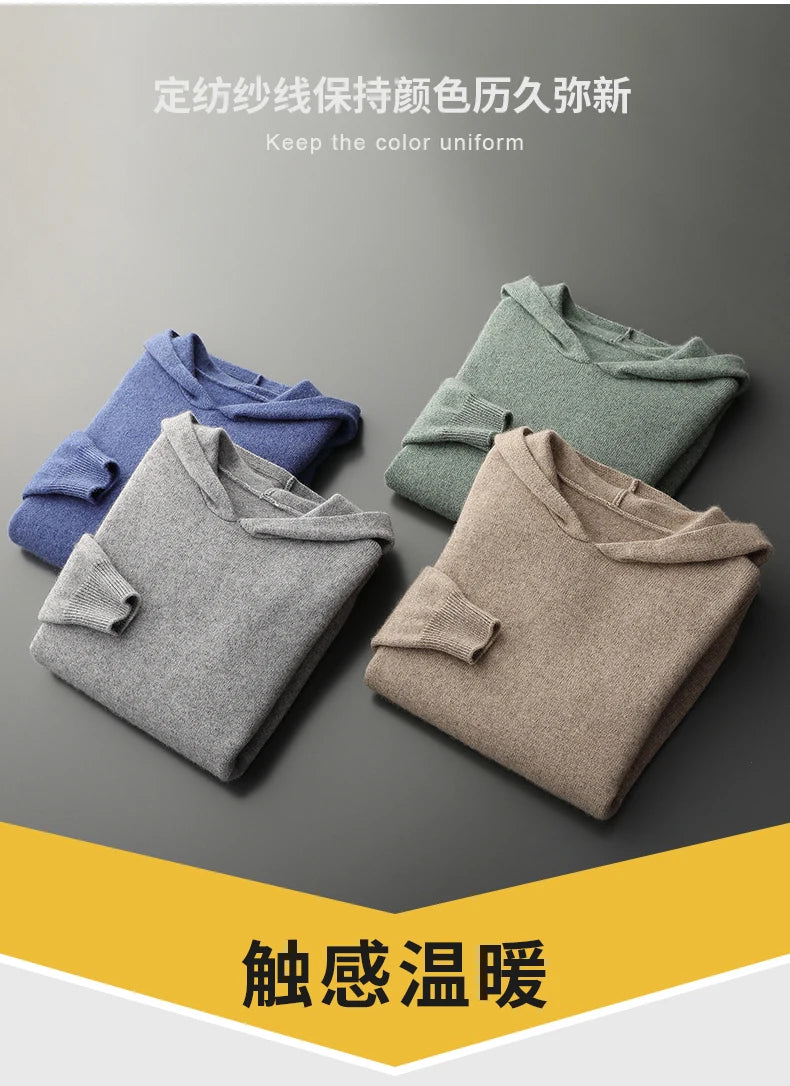 One-piece Hat with Pocket Men's Pullover 100% Cashmere Knitted Sweater Casual Comfortable Top Base Shirt Men's Clothing.