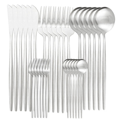 30-Piece Matte Stainless Steel Tableware Knife, Fork and Spoon.