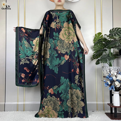 2024 New Dubai Summer Fashion For Women Printed Silk Soft Loose Femme Robe African Islam Maxi Woman Casual Dresses With Turban