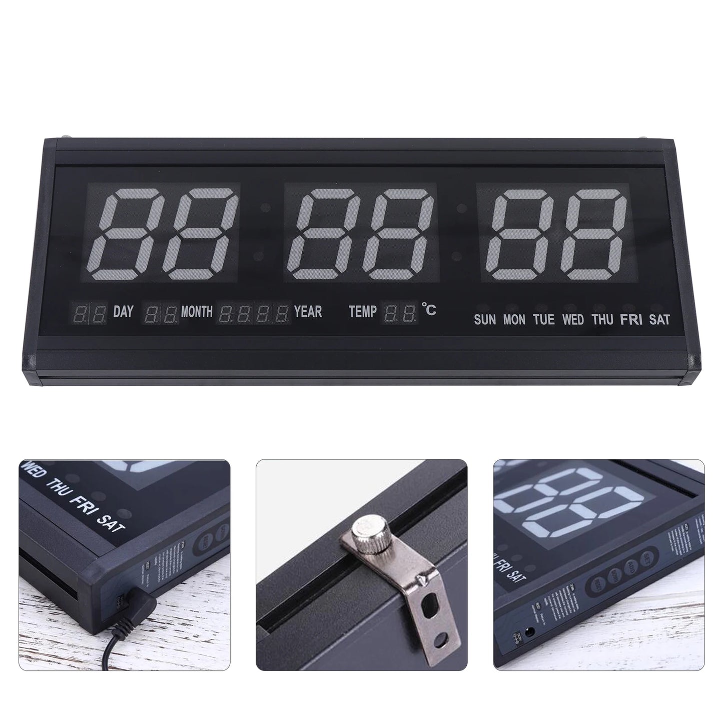Übergroße digitale LED-Wanduhr – steckbar, automatischer Dimmer, großer Kalender und Thermometer (blau schwarz)