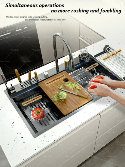 New Stainless Steel Kitchen Sink with Waterfall  Large Single Slot Various Multifunctional Sinks Dish and Vegetable Wash Basin