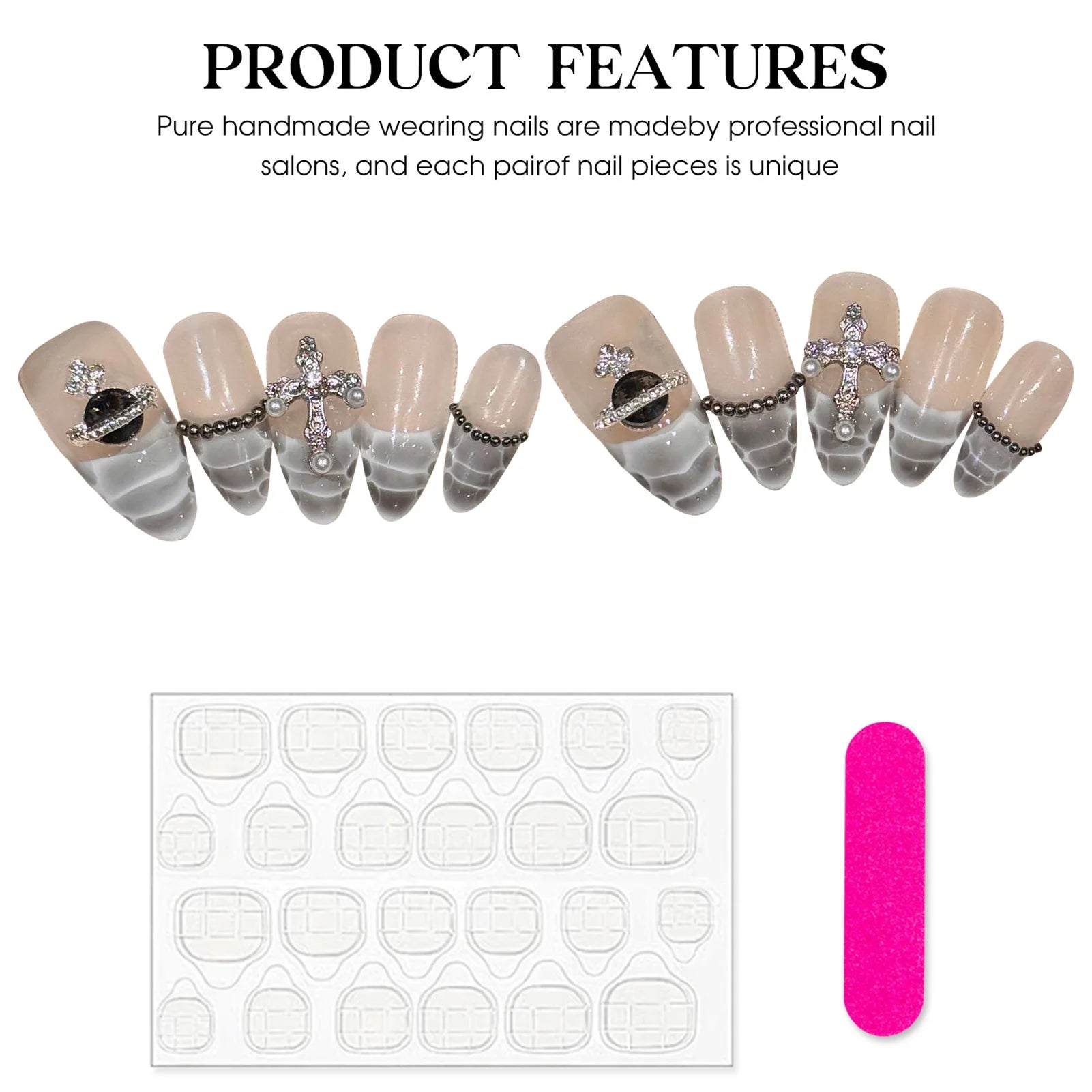 10pcs Handmade Almond False Nails Black White Alligator Print French Style Press On Nail Diamond Cross Design Wearable Fake Nail.