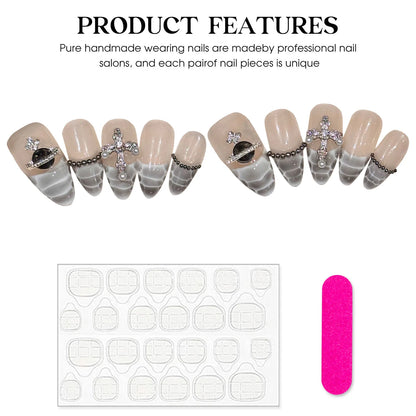 10pcs Handmade Almond False Nails Black White Alligator Print French Style Press On Nail Diamond Cross Design Wearable Fake Nail.