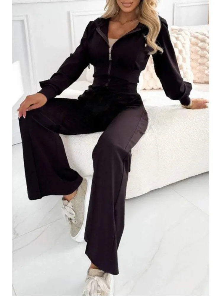 Autumn And Winter Hooded Zipper Jacket Tight Solid Color Two-piece Sets Women Fashion Casual New Wide Leg Pants 2 Piece Set.