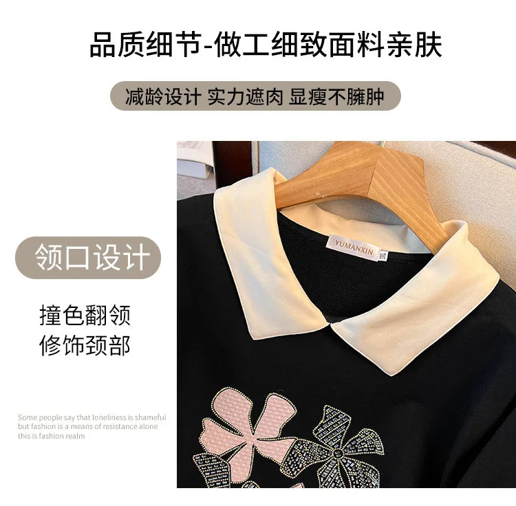 170 kg Plus Size Damen-Büste 170 Frühling Herbst Loose Diamond Collared Sweatshirt Schwarz 4XL 5XL 6XL 7XL 8XL 9XL