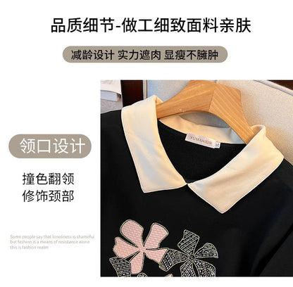 170 kg Plus Size Damen-Büste 170 Frühling Herbst Loose Diamond Collared Sweatshirt Schwarz 4XL 5XL 6XL 7XL 8XL 9XL