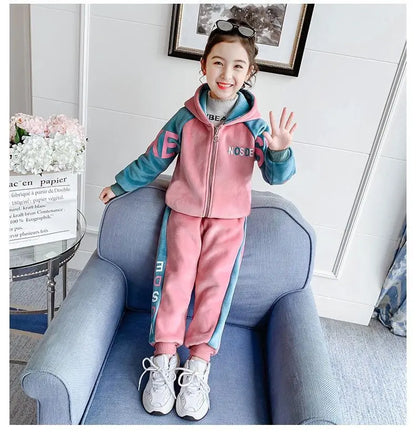 New Winter Keep Warm Girls Clothing Set Padded Lining With Plush Velent Hooded Jacket+Pants 2pcs Suit For 3-12 Years Kids