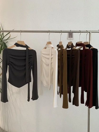 Elegant Long Sleeve Neck Hanging Sash Slim Fit T-Shirt Women's Red Black Other Pure Color Pleated Chic One Shoulder Top.
