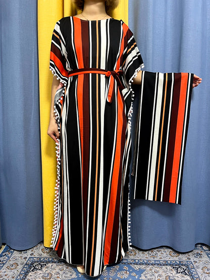 Abayas For Women 2024 Printed Vertical Stripe Tassels Elasticity Loose Fit Femme Robe African Woman Dresses With Belt Headscarf.