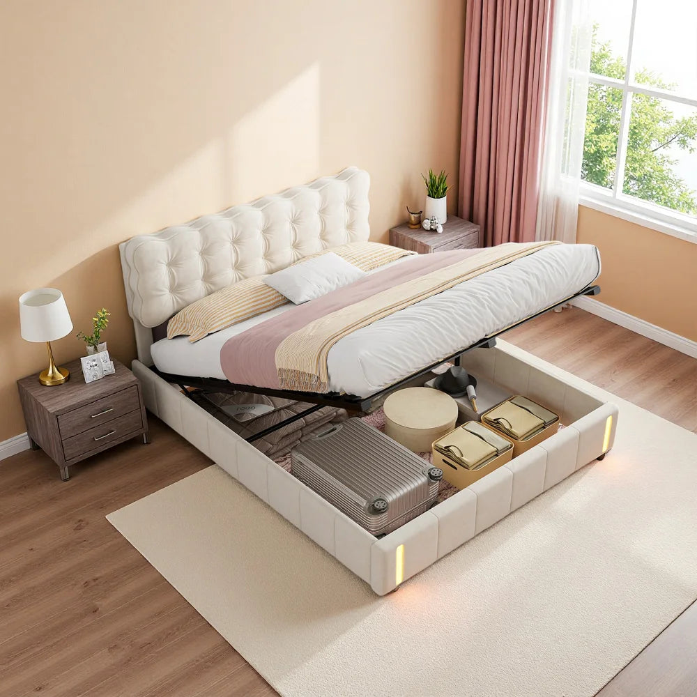 Lazyspace Polsterbett mit Kopfteil, hydraulisches Bett mit Stauraum und LED, für Jugendliche, Erwachsene, Samt, ohne Matratze, 160 x 200 cm