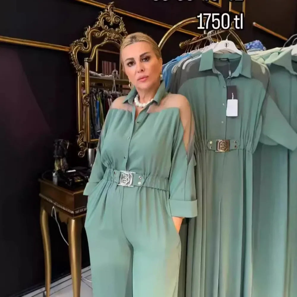 Jumpsuit Full Sleeve Turn Down Collar Office Lady Buttons The Waist Jumpsuits for Women 2024 One Piece Wide Leg Pants Rompers.