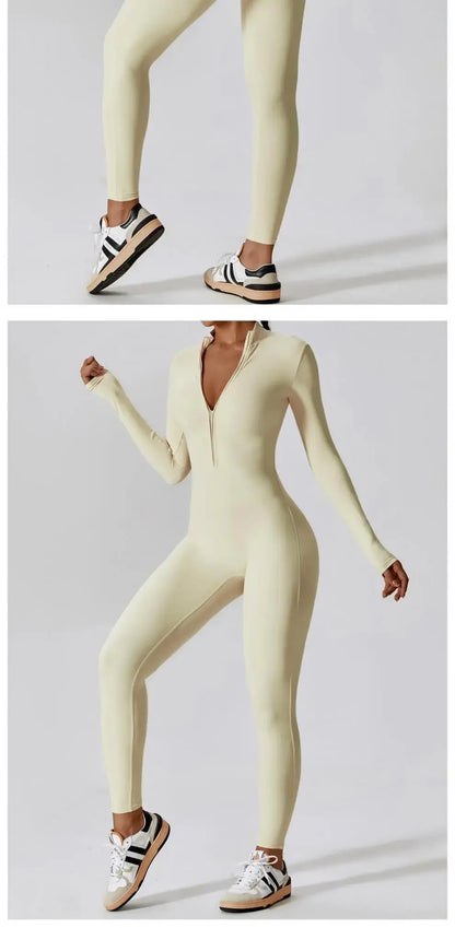 Fall New Long Sleeve Zipper Tight Butt Show Fitness Pants Women Running Sports Training Yoga Clothes Black One-Piece Suit.