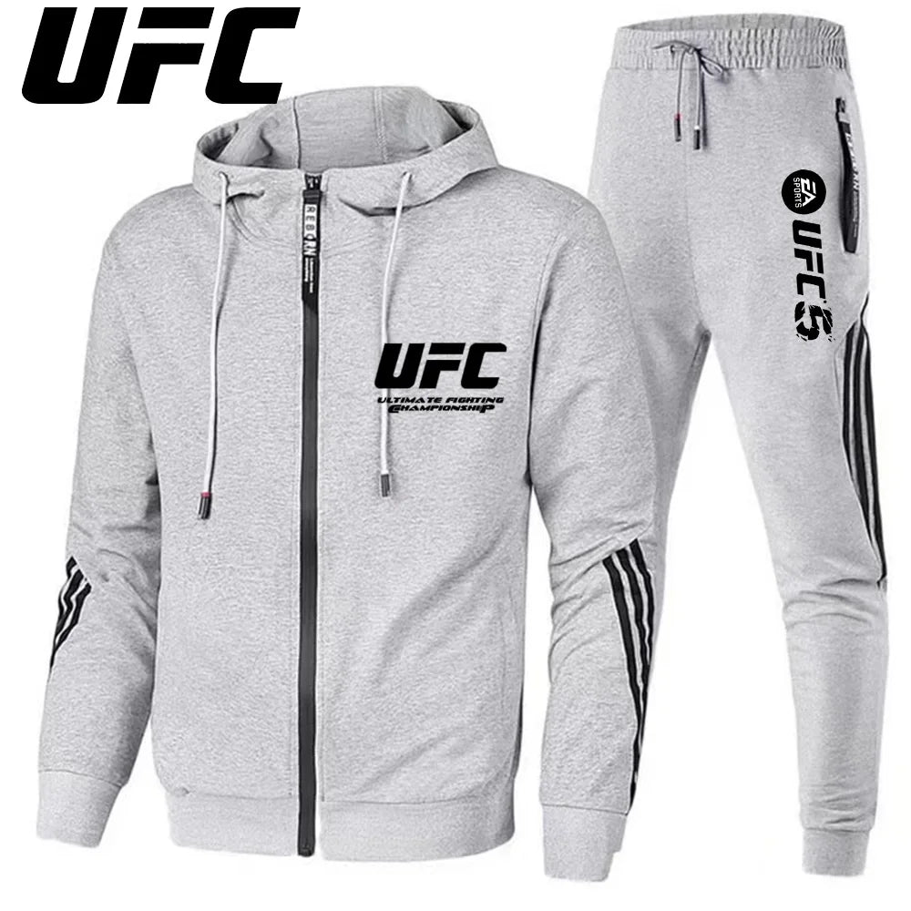UFC New Frontier Men's Casual Sports Set Fashion Zipper Jacket Running Women's Men's Sports Set UFC Printed Outdoor Hoodie Set.