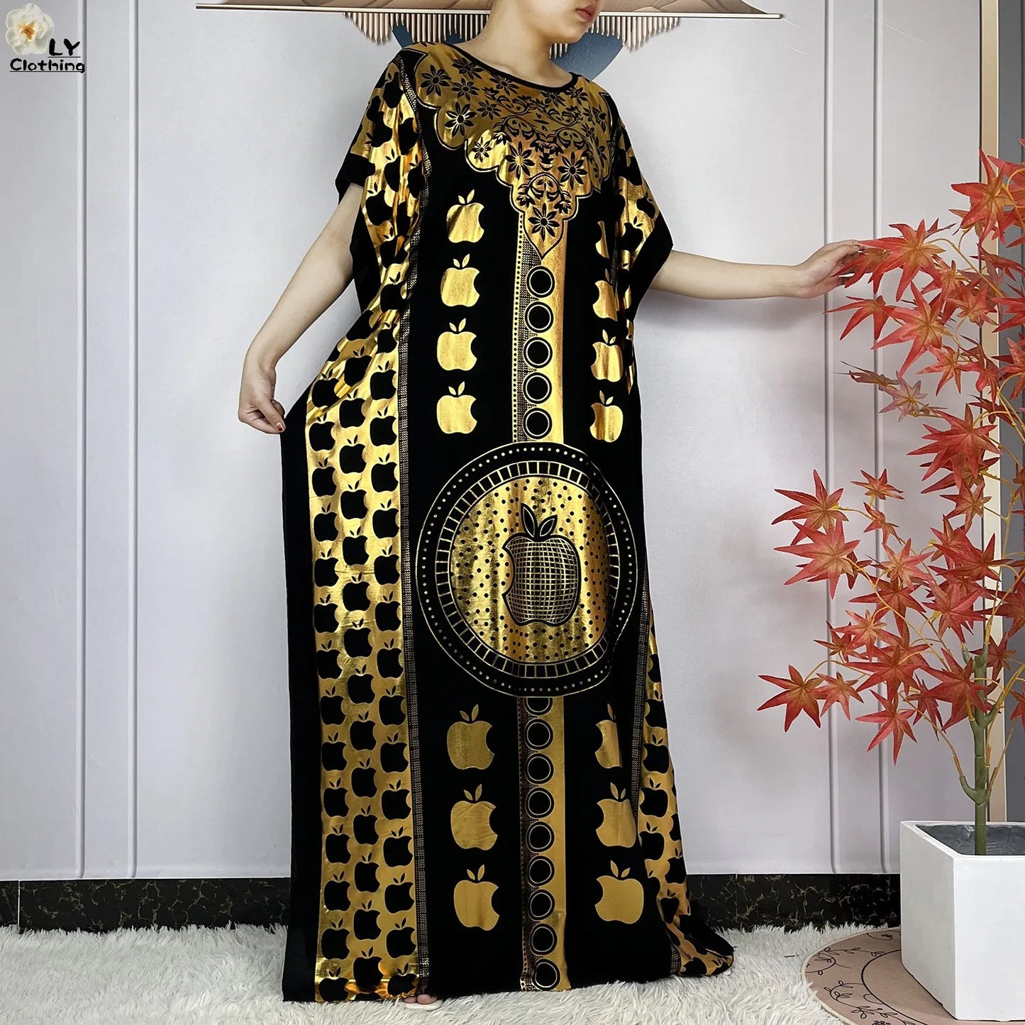 2023 New Muslim Summer Short Sleeve Robe Gold Stamping Boubou Maxi Women Femme Loose Dress With Big Scarf African Abaya Clothes