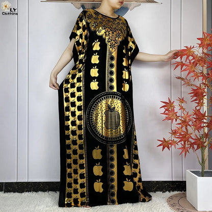 2023 New Muslim Summer Short Sleeve Robe Gold Stamping Boubou Maxi Women Femme Loose Dress With Big Scarf African Abaya Clothes