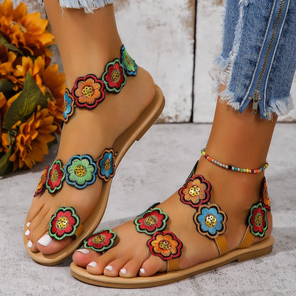 Yellow Embroidered Faux Flower Fashion Sandals Flat Plus Size 43 Summer Outdoor Beach Shoes Travel Mom Shoes.