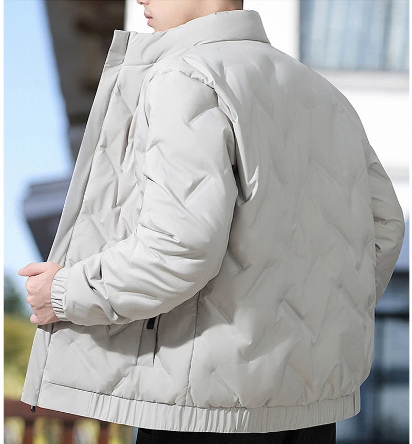 Men's winter standing collar cotton jacket with diamond grid pattern warm jacket, casual solid color fashionable simple jacket.