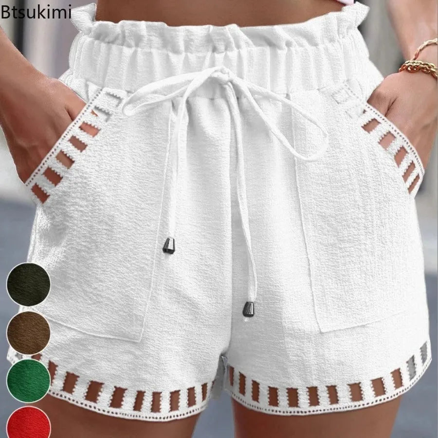 Summer Cotton Linen Shorts for Women Fashion Splice High Waist Drawstring Loose Casual Short Pants Ladies Hollow Pocket Shorts.