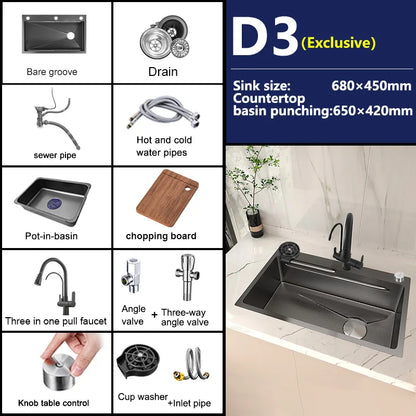 Stainless Steel Kitchen Sink Embossed Large Single-Slot With Kitchen Faucet Multifunctional Washbasin for Apartment