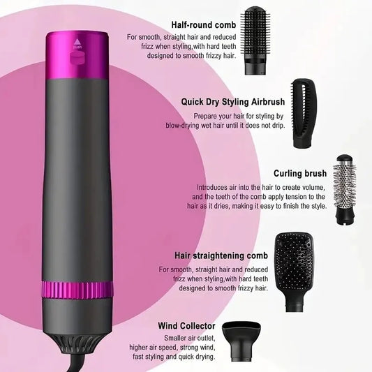HOMEFISH 5 in 1 Hair Dryer Brush Hot Air Brush & Volumizer Styler Set with Interchangeable Brush Head Negative Ionic Blow Dryer.