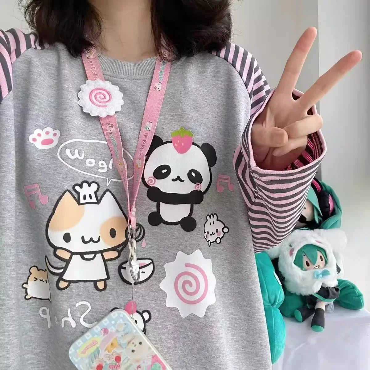 Japan Kawaii Sweet Women T-Shirt O-Neck Stripe Patchwork Long Sleeve Cartoon Print Loose Pullover Casual Cute Top Youth Vitality.