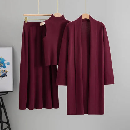 Women Knitted Sweater Muslim 3 Piece Set Long Cardigan Coat Skirt Vest Suit Knit Skirts Outfits Morocco Tracksuit Autumn Winter