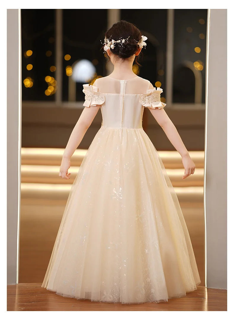 Neue Jugend Mädchen Prinzessin Mesh Kleid Hochzeit Blumen mädchen Kleid Schul wettbewerb Klavier lange Leistung Kleid für 3-12 Jahre.