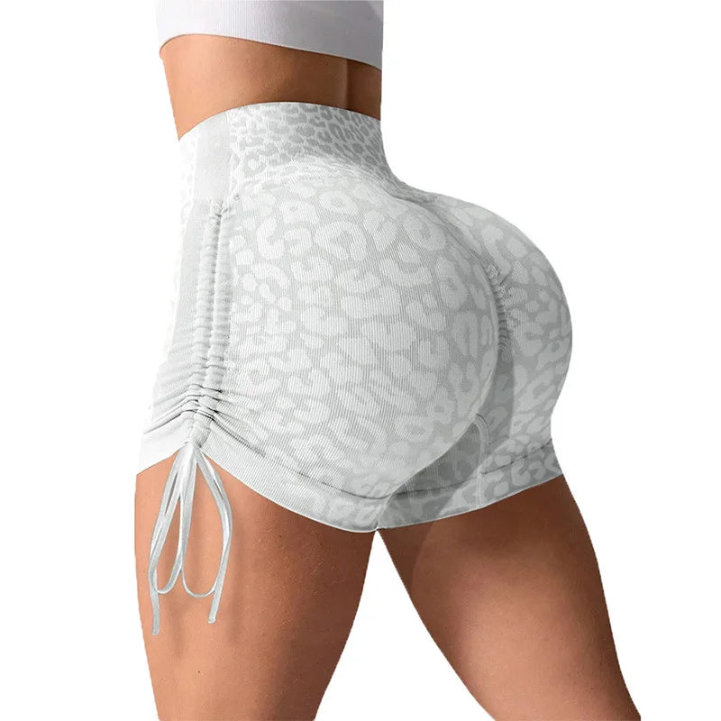 Women High Waist Yoga Shorts Side Drawstring Sexy Leopard Print Sports Shorts Gym Athletic Running Leggings Workout Shorts.