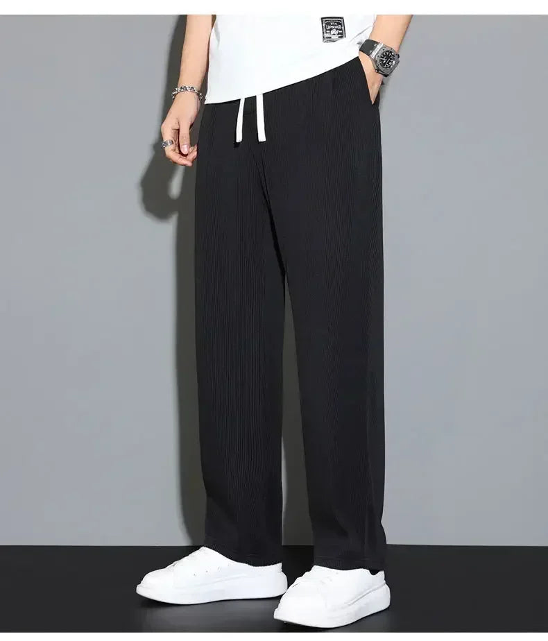 Summer Loose Ice Silk Pants Men's Drape 100KG Size Long Pants Fat Casual Sports Pants Wide Leg Straight Pants Tide Brand.