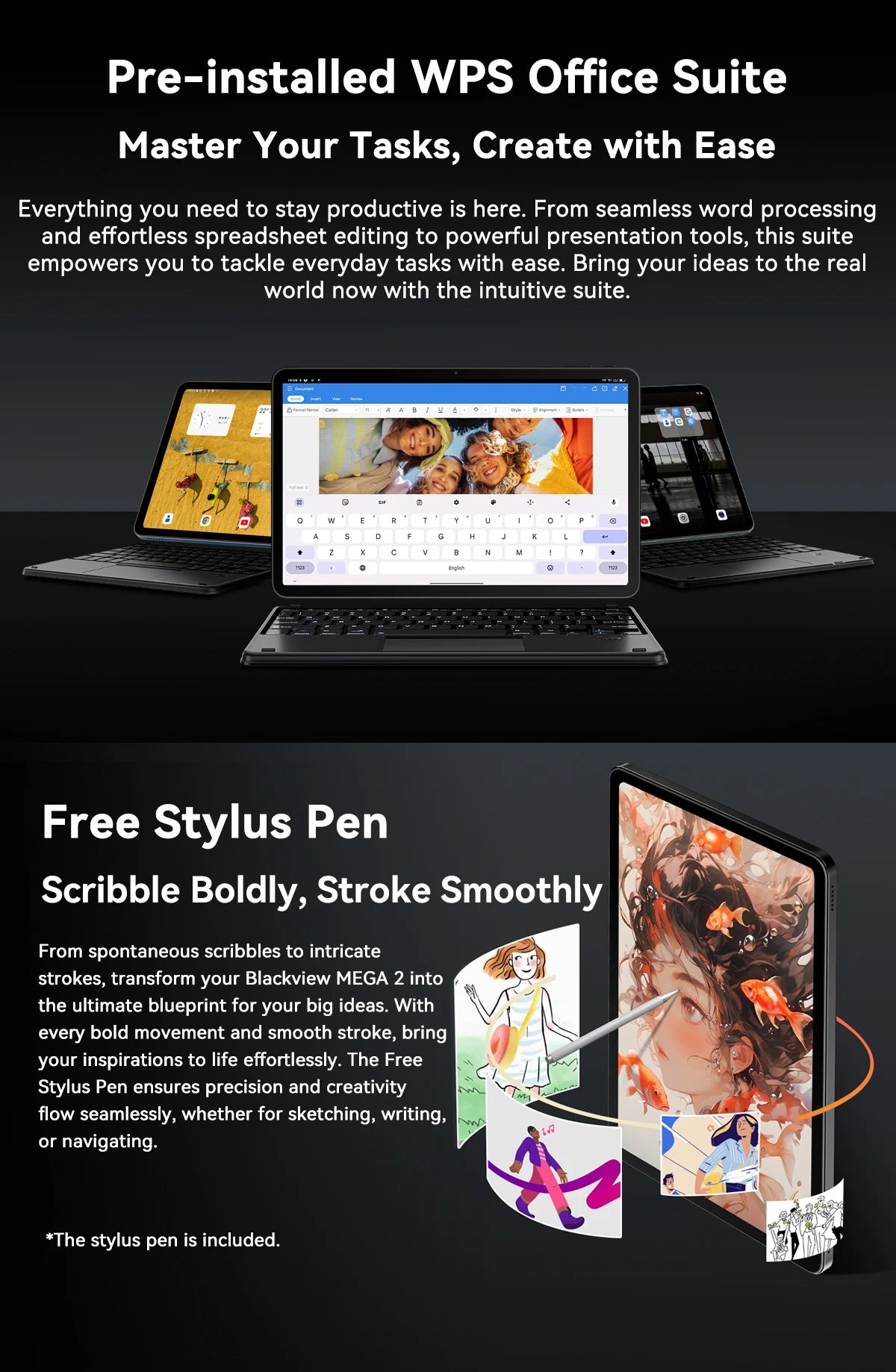 Blackview MEGA 2 Android 15 Tablet 12 inch 2K Display 36(12+24)GB 256GB Unisoc T615 9000mAh Battery Widevine L1 Pad PC.