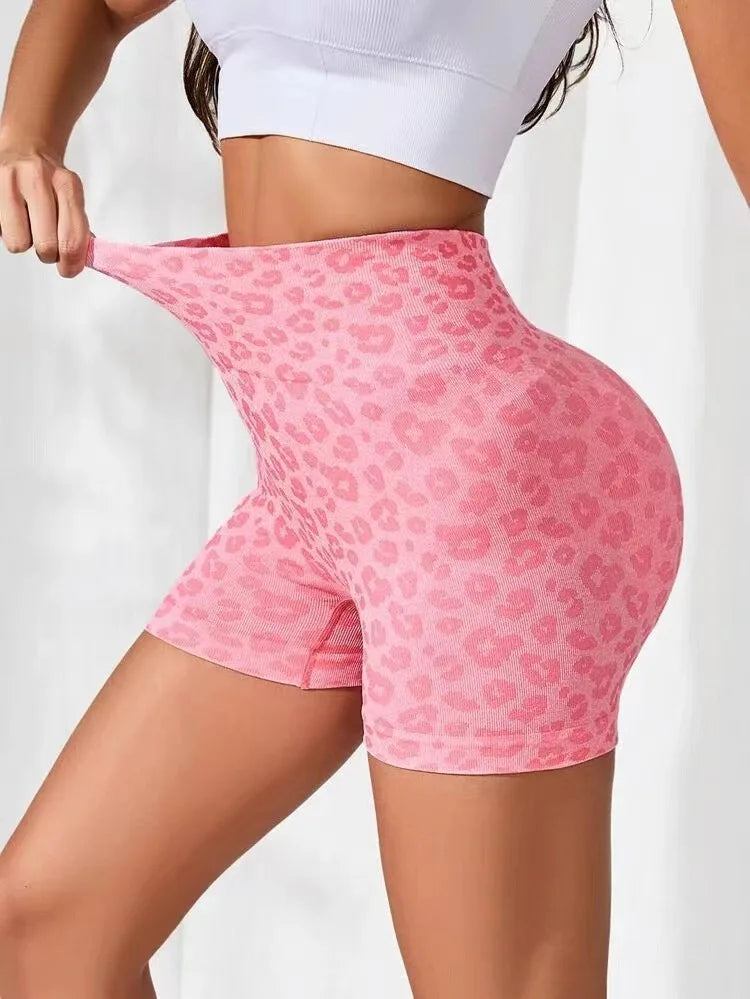 Women Leopard Print Shorts Slim Seamless Leggings High Waist Sexy Hip Liftting Knit Gym Running High Elastic Yoga Shorts.