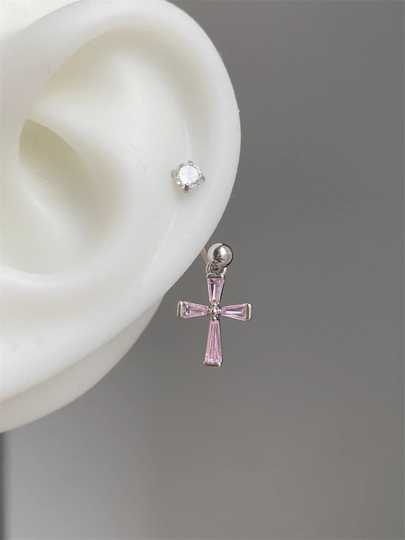 1PCS Pink Zircon Cross 316L Stainless Steel Annular Ear Bone Nail New Fashion U-shaped Earrings for Women Y2K Punk Jewelry.
