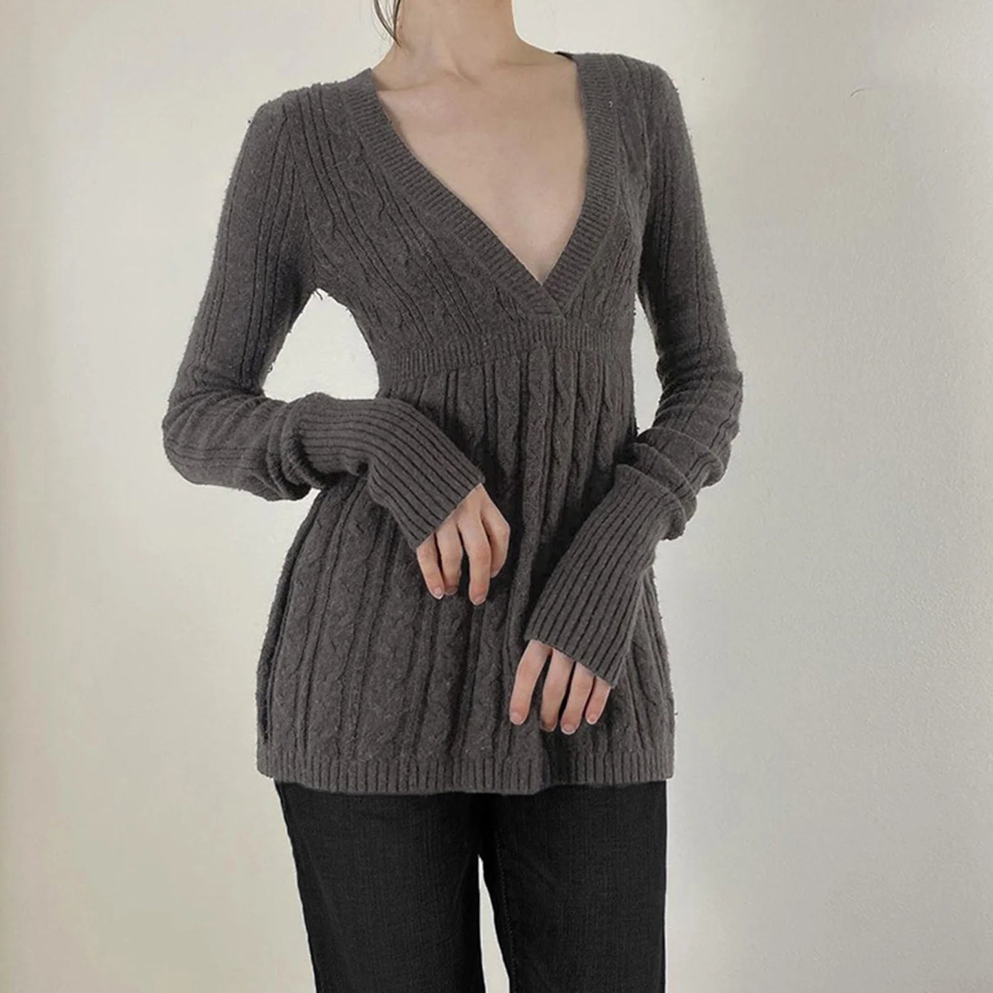 Y2K Zopfmuster-Pullover für Damen, weicher Pullover mit V-Ausschnitt, Tunika, solider A-Linien-Saum, langer Pullover, dehnbar, lässig für Herbst und Winter.