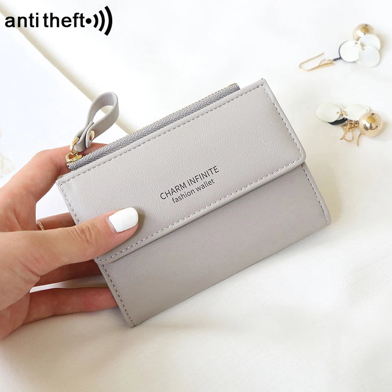 RFID Anti-Theft Short Card Bag for Women, Brush, PU, Solid Color, Zipper Buckle, Multi-functional Fashion, Small Purse.