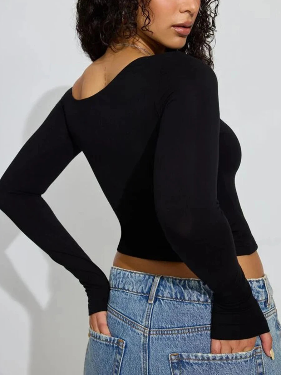 Women's One Shoulder Pullover Tops Slim Fit Solid Color Slash Neck Long Sleeve Showing Navel Asymmetrical Basic Shirt for Fall.