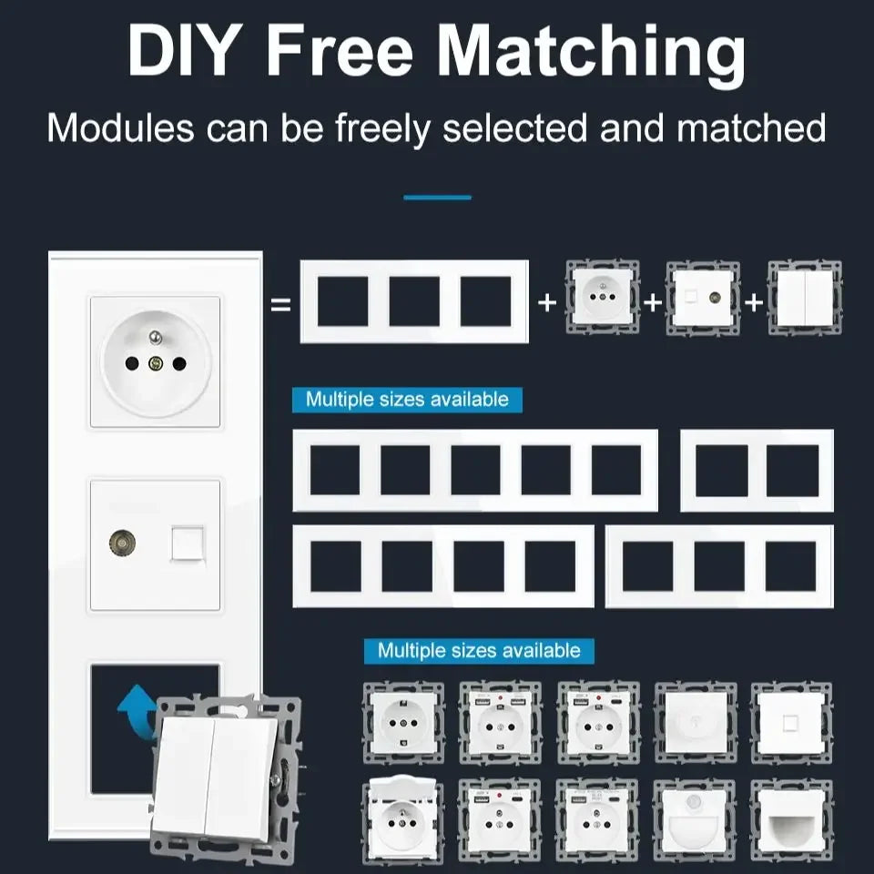 SRAN F6 Serie mehrere Rahmen schwarze Panel aus gehärtetem Glas, EU FR UN-Steckdosen und Schalter Dimmer-Lüfter-Fußlampe Rj45 RJ11Module DIY.