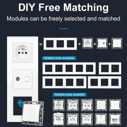 SRAN F6 Serie mehrere Rahmen schwarze Panel aus gehärtetem Glas, EU FR UN-Steckdosen und Schalter Dimmer-Lüfter-Fußlampe Rj45 RJ11Module DIY.