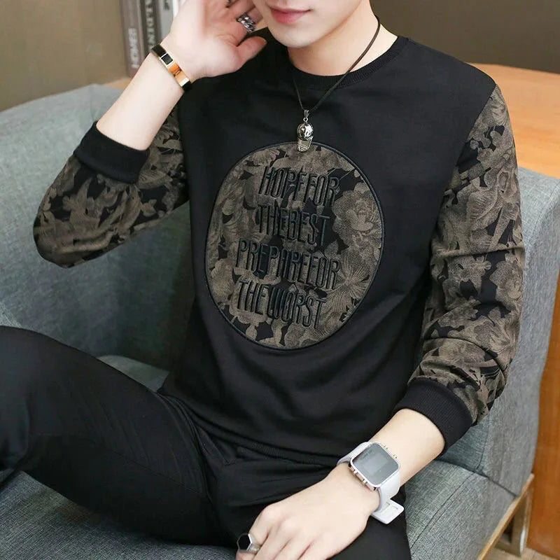 Men's Spring Autumn New Printing Patchwork Sweatshirts Long Sleeve O-Neck Loose T Shirt Tops Fashion Trend Men Clothing.