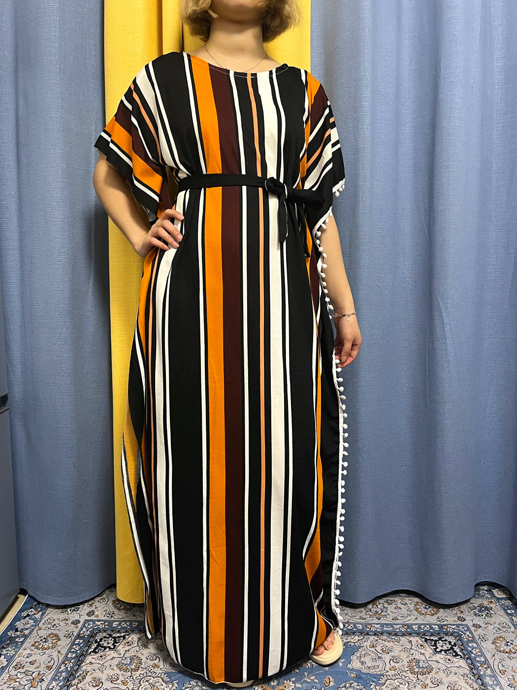 Abayas For Women 2024 Printed Vertical Stripe Tassels Elasticity Loose Fit Femme Robe African Woman Dresses With Belt Headscarf.