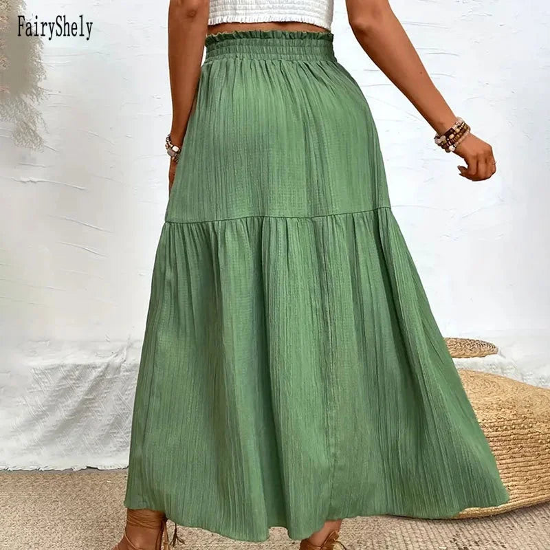Fairyshely Casual Green Split Long Skirt Women 2025 Summer Ruffle High Waist Midi Skirt Lady Elegant Solid A line Pleated Skirt.