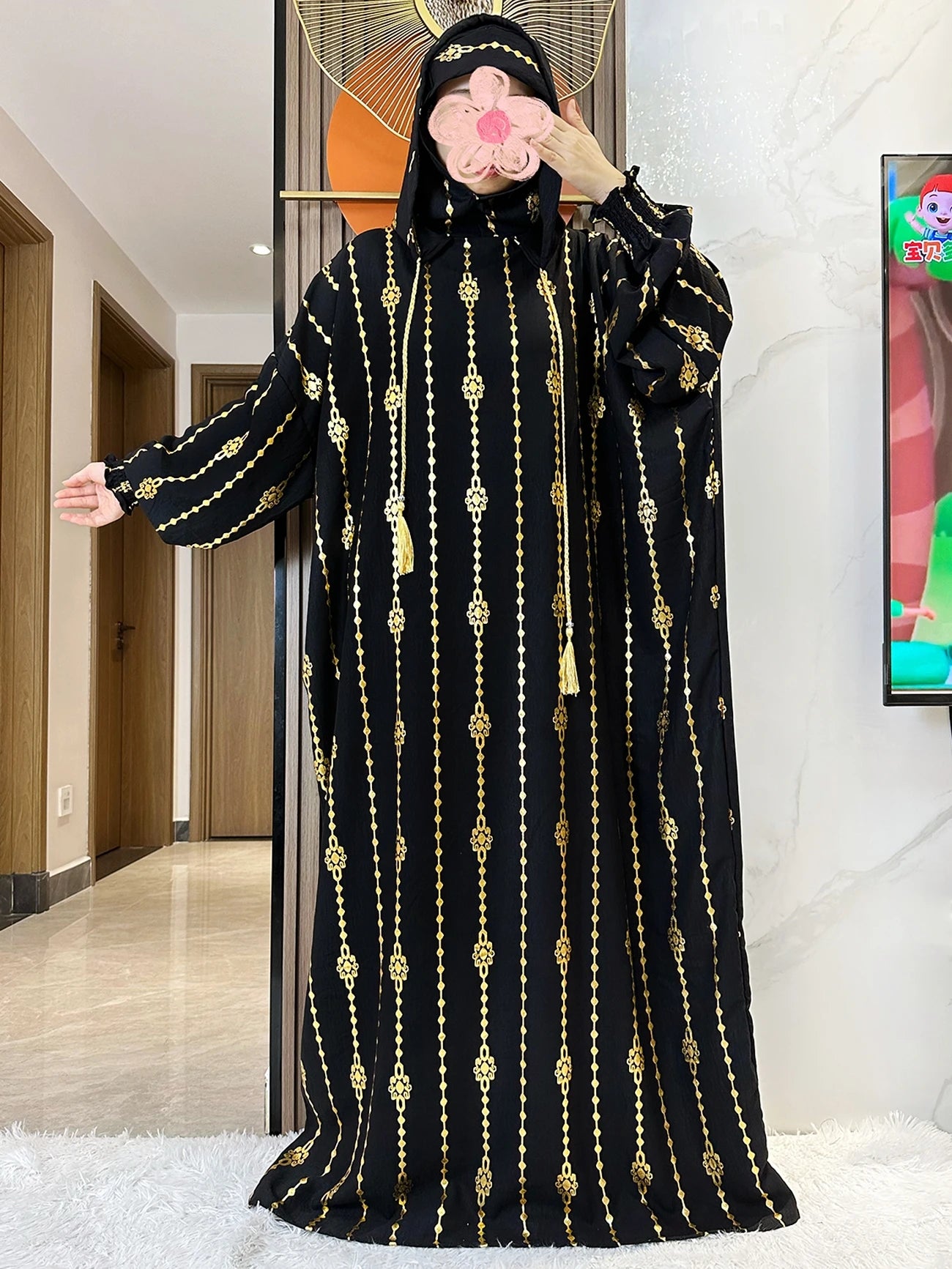 High Grade Cotton Fabric Ramadan Muslim Two-Hat Abaya Dubai Turkey Islam Prayer Clothes Gold Dust Dress Islam Women Dress Kaftan.