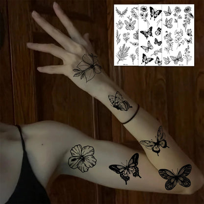 1/6pcs Black Butterfly Fake Tattoo Waterproof Temporary Tattoo Stickers Leg Arm Hand Foot Body Arts Magic Flower Texture Sticker.