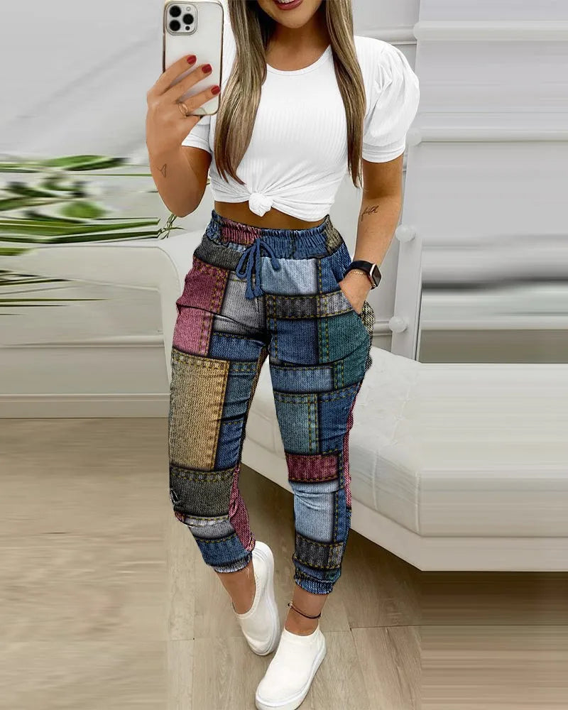 Summer Women's New Short Sleeved Pants Two-piece Commuting Fashion Printed Drawstring Sexy Exposed Waist Pants Set.