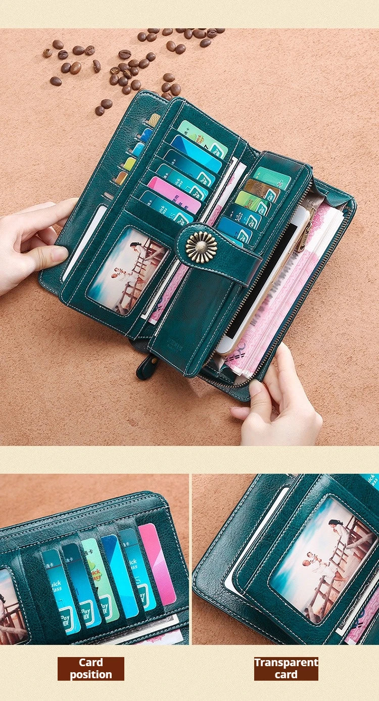 Vintage Large Capacity Women's Purse, Oil wax skin, Multi-card, Long Wallet, Multi-function Zipper Strap, Wrist Strap, New.